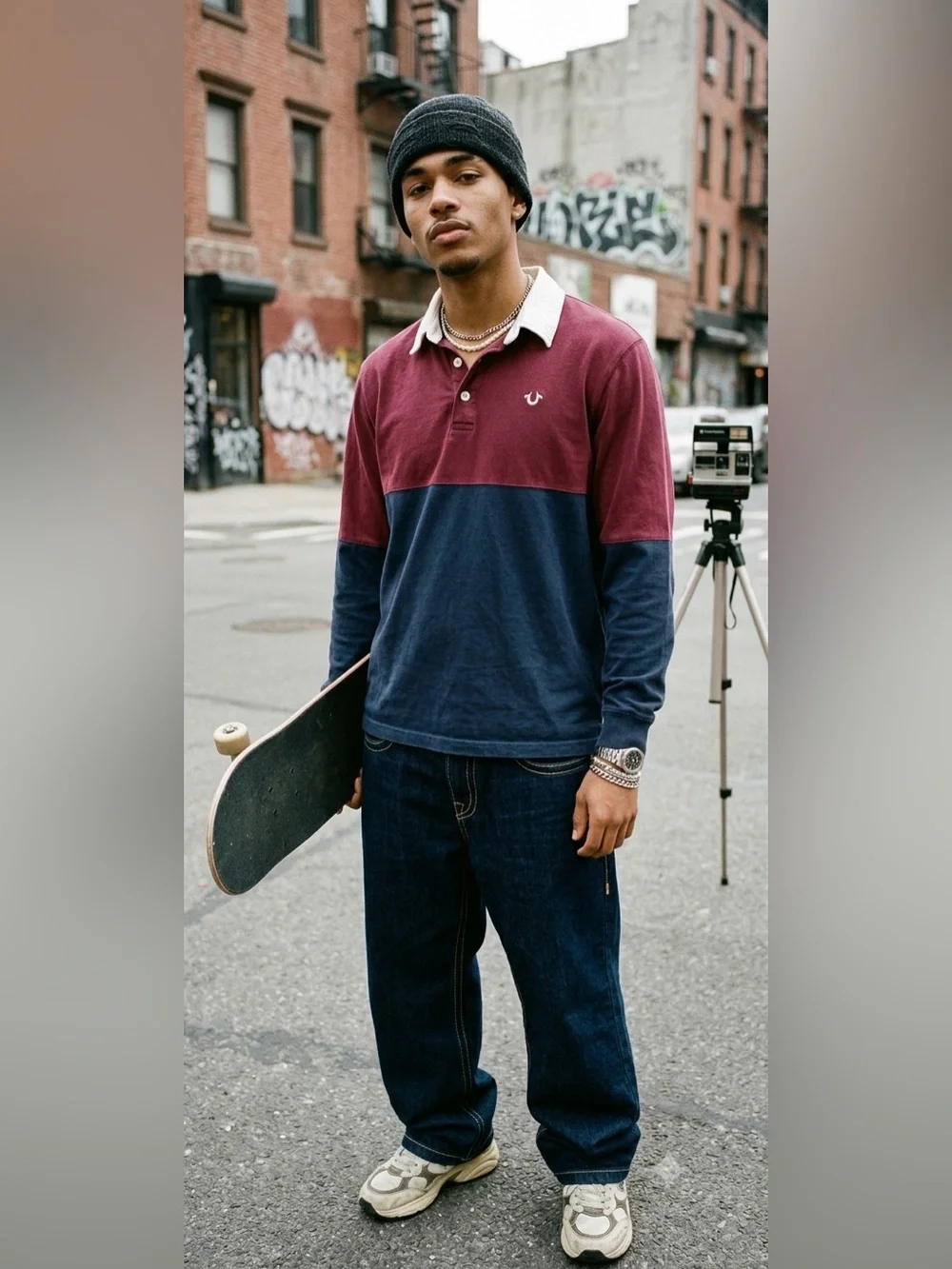True Religion Y2K Hiphop Blockcore Urban Men’s Burgundy/Navy Rugby Shirt SzL